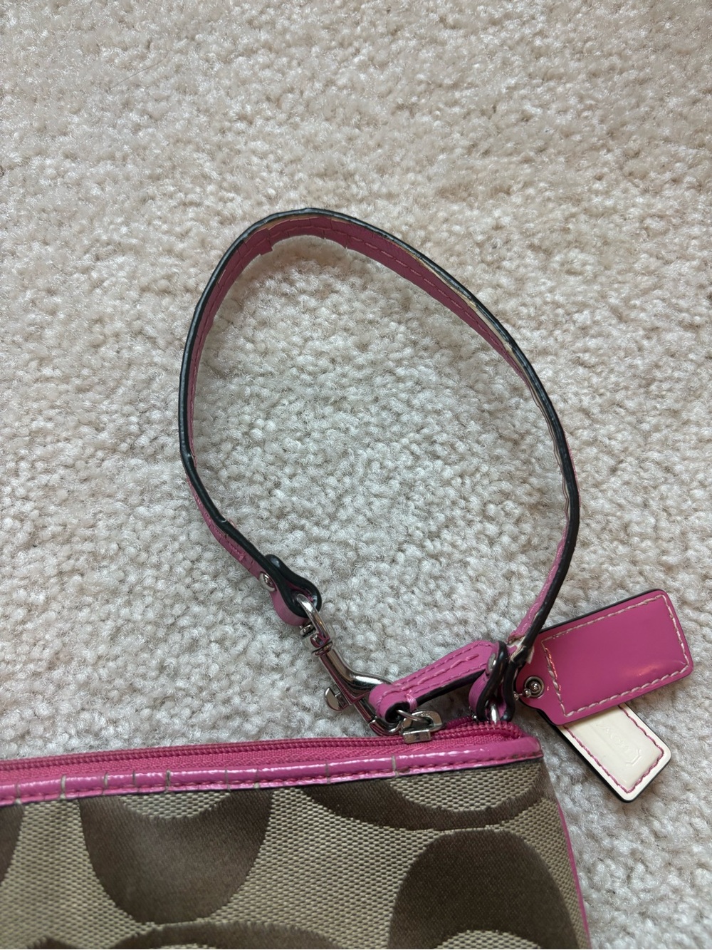 Coach Brown Tan Signature Canvas Wristlet Mini Purse Bag with Pink Trim - Picture 4 of 5